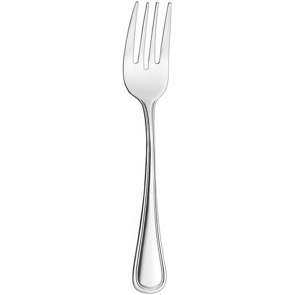 A close-up of a silver Arcoroc salad/dessert fork with a white handle.