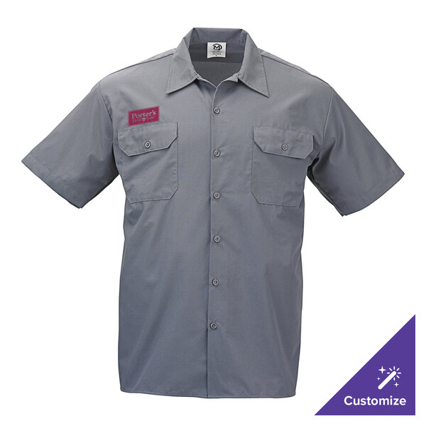 A gray short sleeve unisex work shirt with two chest pockets and a customizable name patch.