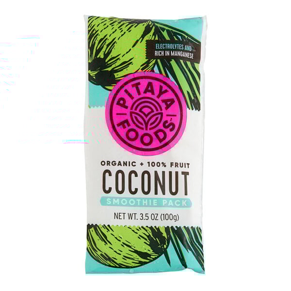 A package of Pitaya Foods organic coconut smoothie packs with pink and black labels.
