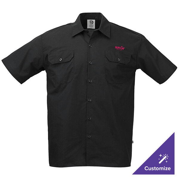 A black short sleeve unisex work shirt with button front and two chest pockets.