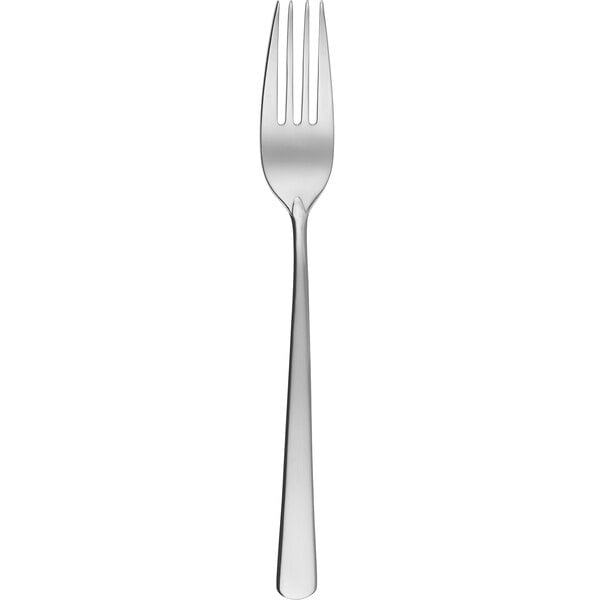 A close-up of a Sola stainless steel dessert fork with a silver handle.