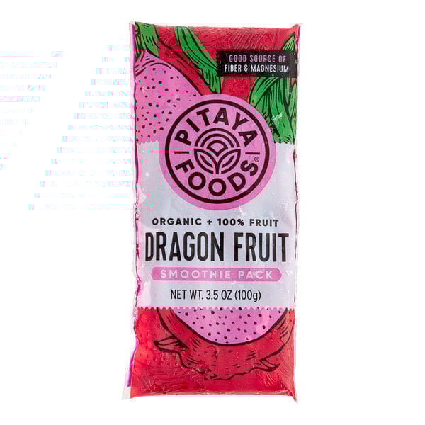 A close up of a Pitaya Foods Organic Dragon Fruit Smoothie Pack.