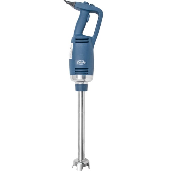 a close-up of a blue and silver hand blender