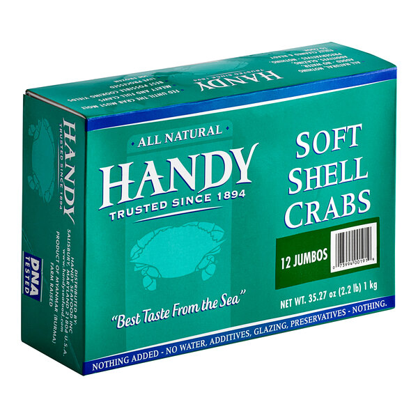 A blue box with white text and a blue crab on it.