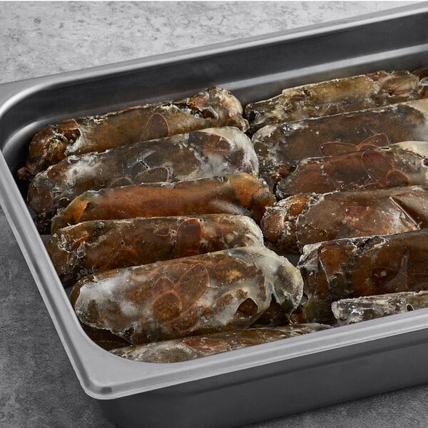 A tray of frozen Handy Jumbo Soft Shell Crabs on ice.
