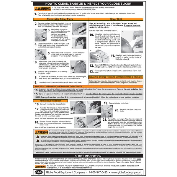 A wall chart with instructions for Globe GC512 meat slicers.