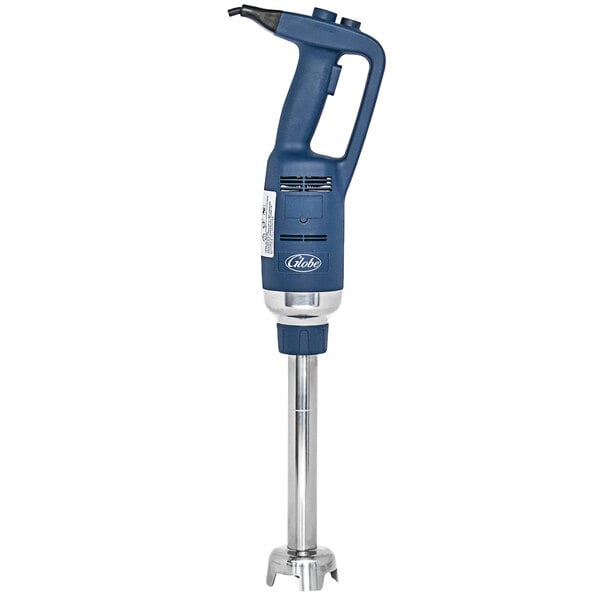 A close-up of a blue and silver Globe Medium-Duty Immersion Blender