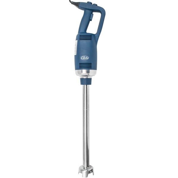 A blue and silver Globe Heavy-Duty Immersion Blender with a long metal pole.