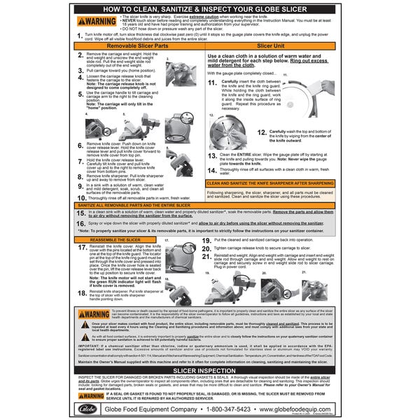 A Globe SCHART Slicer wall chart with instructions for a Globe S-Series Slicer.