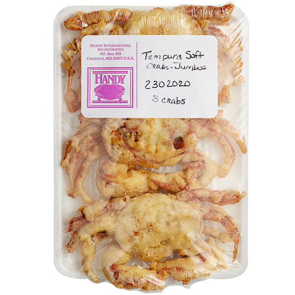 A package of Handy Jumbo Tempura Breaded Soft Shell Crabs with a label.