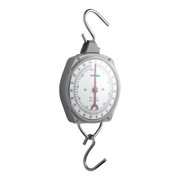 A mechanical hanging scale with a large dial and two metal hooks for weighing items.