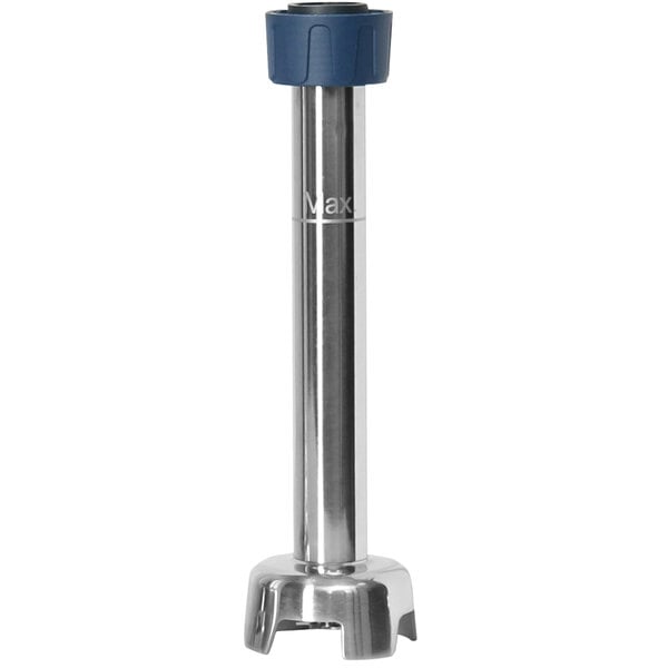 A silver stainless steel cylinder with a blue and silver handle.