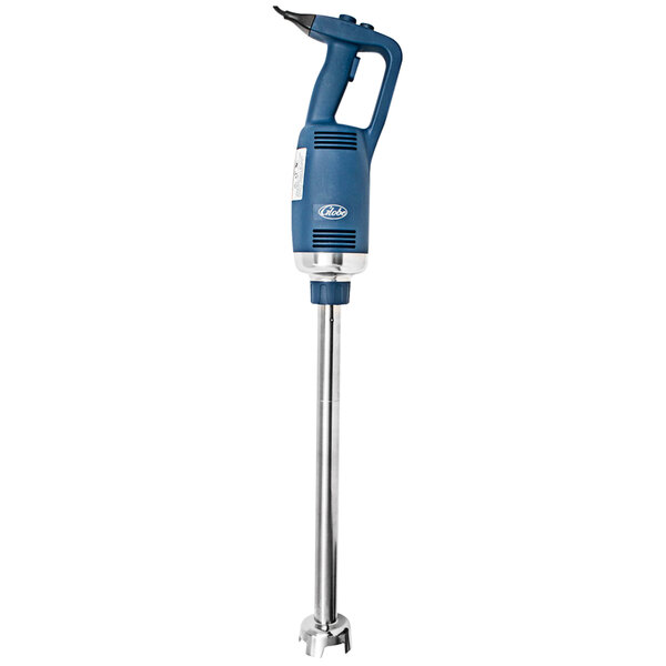 A silver and blue Globe immersion blender with a white background.