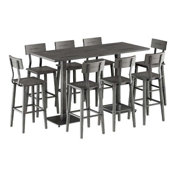 Lancaster Table & Seating Industrial 30" x 72" Slate Gray Finish Solid Wood Live Edge Bar Height Table with 8 Bar Stools