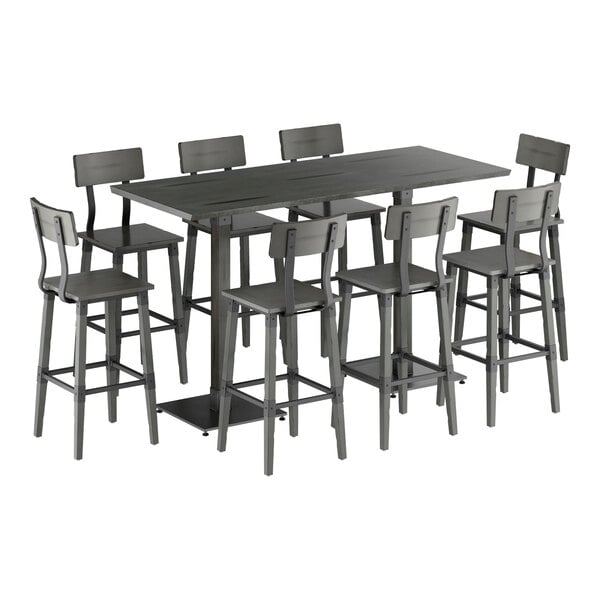 Lancaster Table & Seating Industrial 30" x 72" Slate Gray Finish Solid Wood Live Edge Bar Height Table with 8 Bar Stools