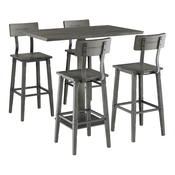 Lancaster Table & Seating Industrial 30" x 48" Slate Gray Finish Solid Wood Live Edge Bar Height Table with 4 Bar Stools