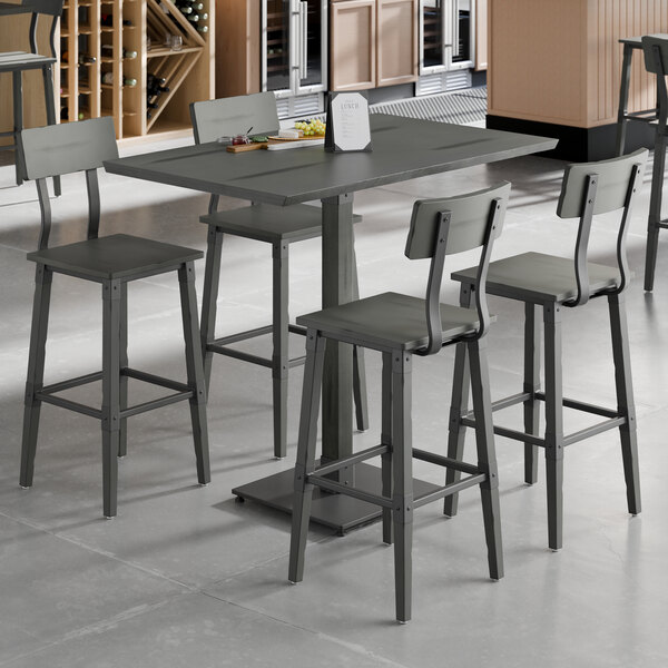 Lancaster Table & Seating Industrial 30" x 48" Slate Gray Finish Solid Wood Live Edge Bar Height Table with 4 Bar Stools