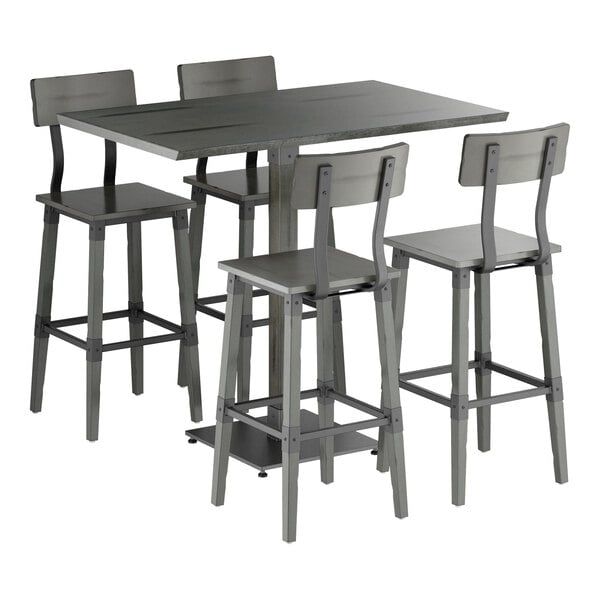 A slate gray bar-height table with a live edge design, accompanied by four matching bar stools with backrests.