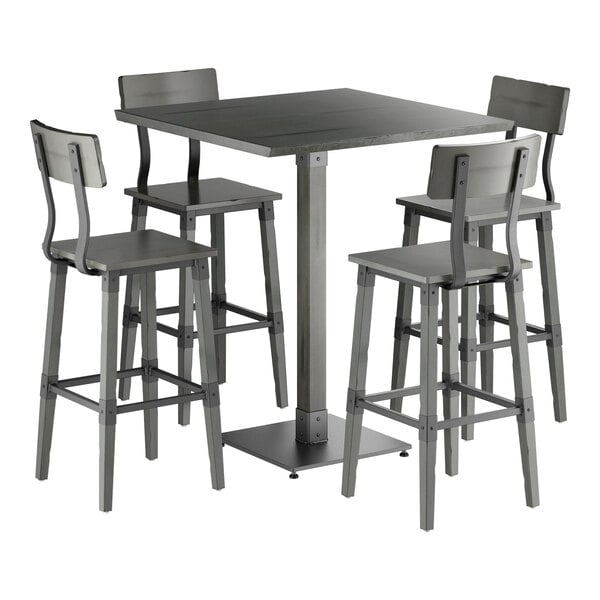 Lancaster Table & Seating Industrial 36" Square Slate Gray Finish Solid Wood Live Edge Bar Height Table with 4 Bar Stools