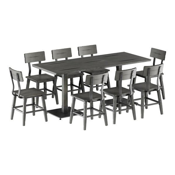 Lancaster Table & Seating Industrial 30" x 72" Slate Gray Finish Solid Wood Live Edge Standard Height Table with 8 Chairs