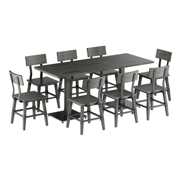 A rectangular slate gray table with a live edge design, accompanied by eight matching chairs with backrests.