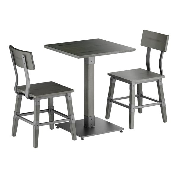 Lancaster Table & Seating Industrial 24" Square Slate Gray Finish Solid Wood Live Edge Standard Height Table with 2 Chairs