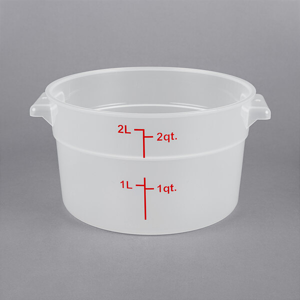 A clear plastic container with red text on a white background.