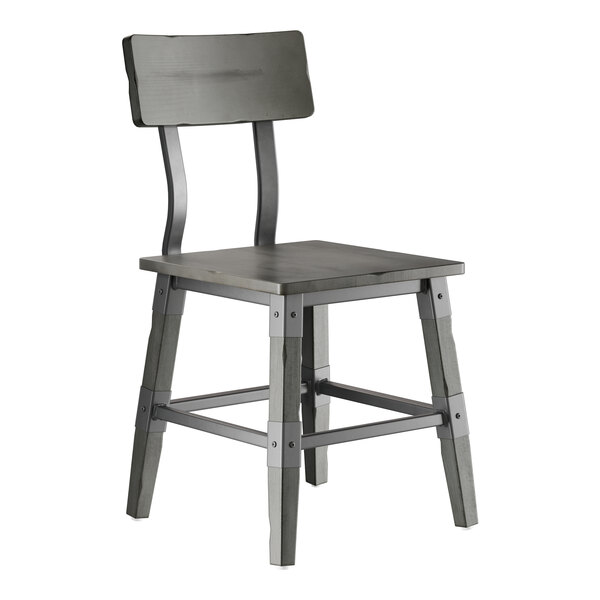 A gray wooden chair with a solid seat, curved backrest, and reinforced legs.