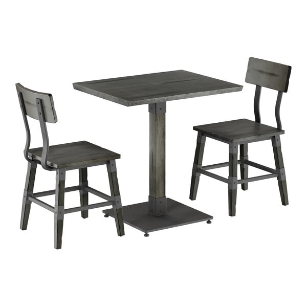 A slate gray industrial-style dining set featuring a rectangular table with a solid wood live edge and two matching chairs.