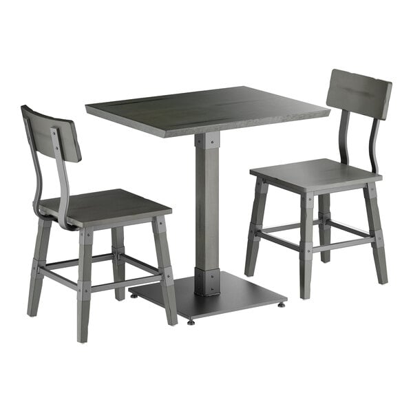 Lancaster Table & Seating Industrial 24" x 30" Slate Gray Finish Solid Wood Live Edge Standard Height Table with 2 Chairs