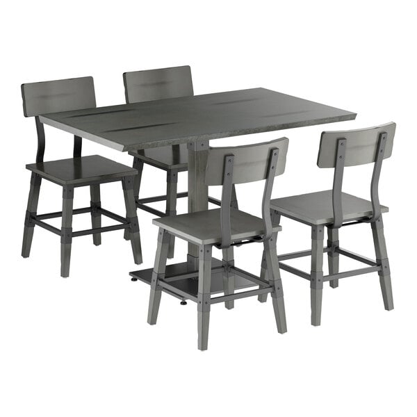Lancaster Table & Seating Industrial 30" x 48" Slate Gray Finish Solid Wood Live Edge Standard Height Table with 4 Chairs