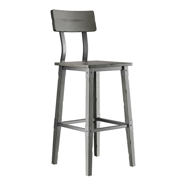 A slate gray industrial-style bar stool with a solid wood seat, backrest, and four legs.