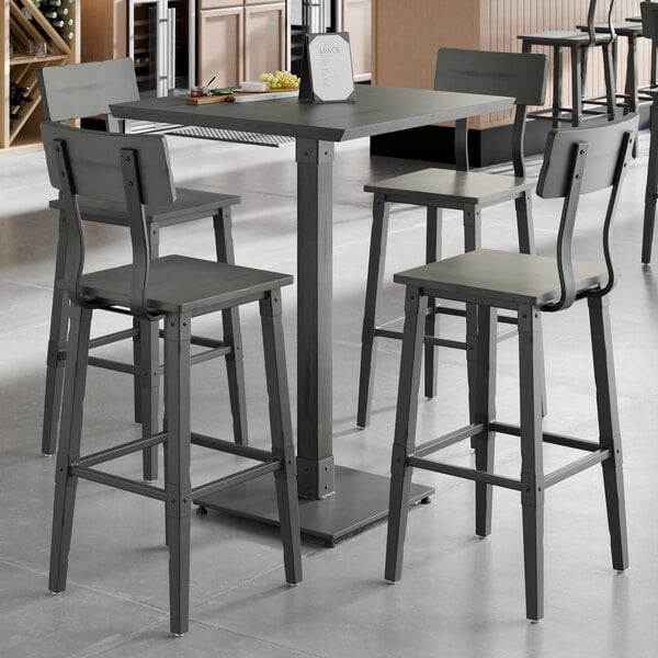 Lancaster Table & Seating Industrial 30" Square Slate Gray Finish Solid Wood Live Edge Bar Height Table with 4 Bar Stools