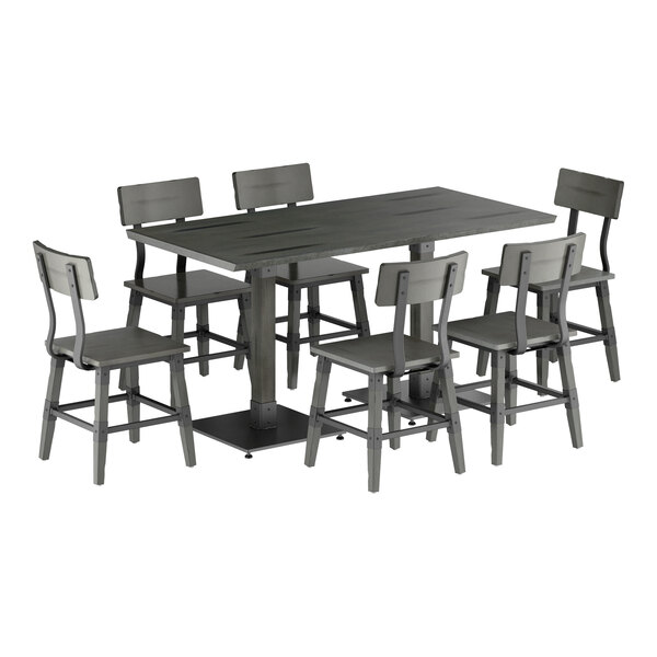 Lancaster Table & Seating Industrial 30" x 60" Slate Gray Finish Solid Wood Live Edge Standard Height Table with 6 Chairs