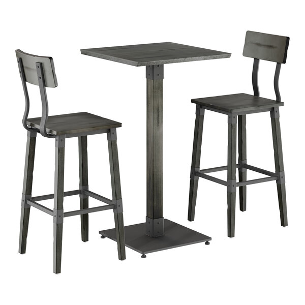 A square slate gray bar height table with a solid wood live edge and two matching bar stools.