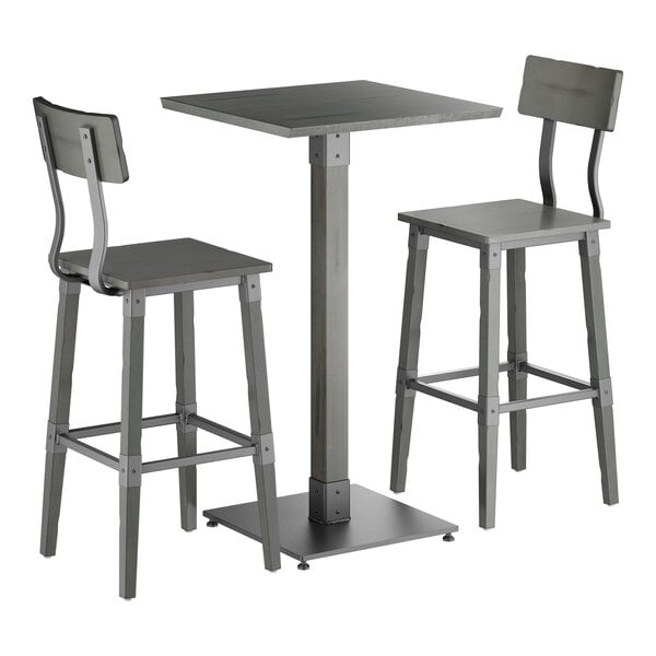 Lancaster Table & Seating Industrial 24" Square Slate Gray Finish Solid Wood Live Edge Bar Height Table with 2 Bar Stools