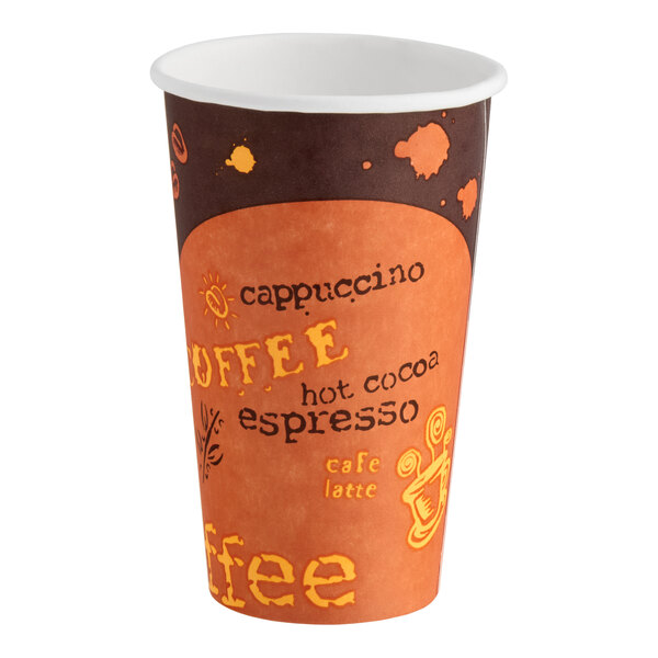 A 16 oz. paper hot cup with a coffee-themed print.