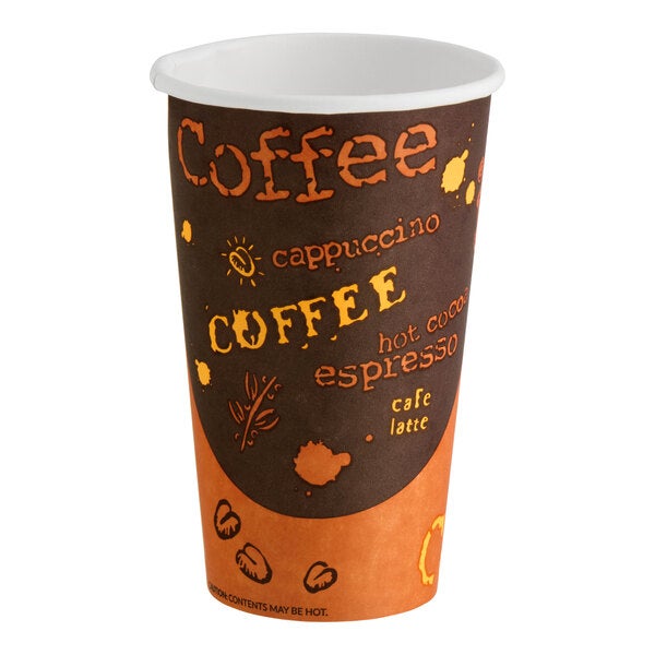 A 16 oz. disposable paper hot cup with a coffee-themed print design.