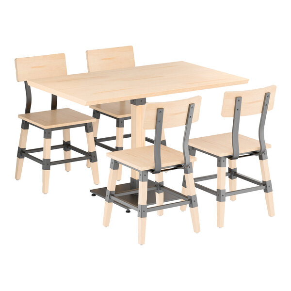 Lancaster Table & Seating Industrial 30" x 48" Bleached Oak Finish Solid Wood Live Edge Standard Height Table with 4 Chairs