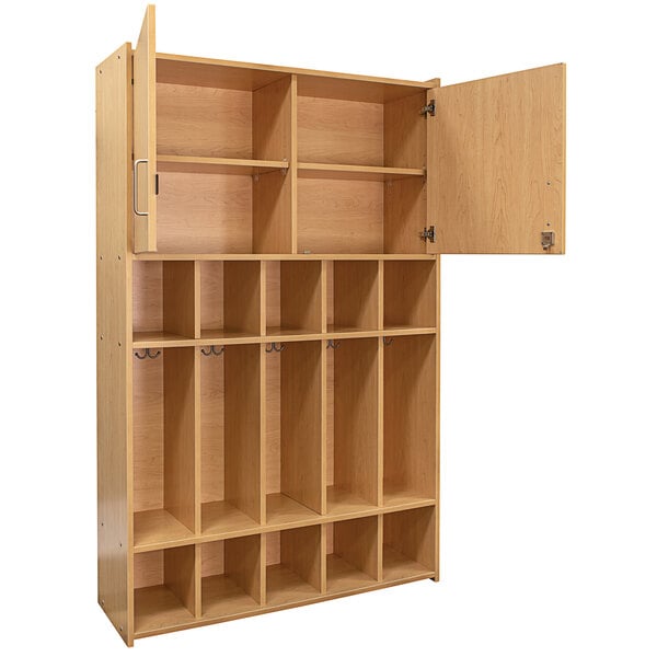 a wooden shelf with open doors