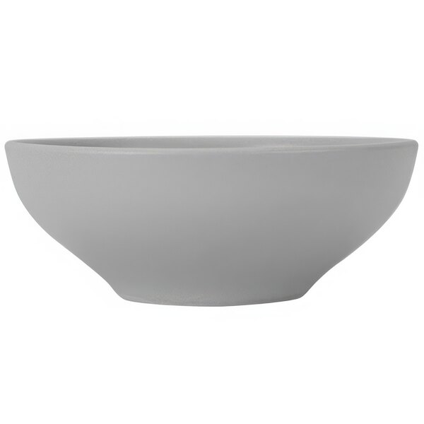 A gray Tuxton China bowl on a white background.