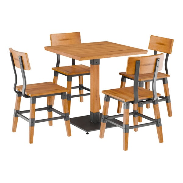 Lancaster Table & Seating Industrial 30" Square Honey Maple Finish Solid Wood Live Edge Standard Height Table with 4 Chairs