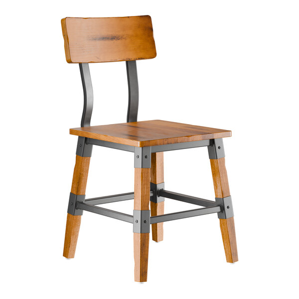 A wooden chair with a honey maple finish, metal supports, and a live edge design.