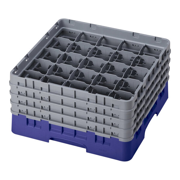 A navy blue plastic Cambro glass rack with 25 compartments and 4 extenders.