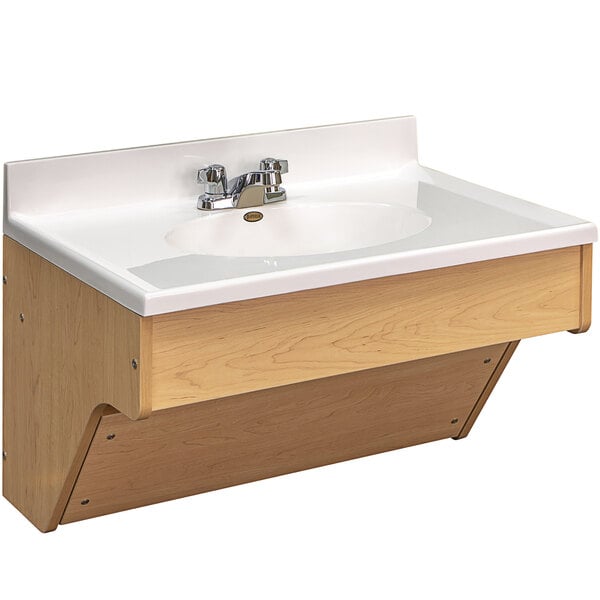 A maple laminate wall vanity with a white sink on a wooden stand.
