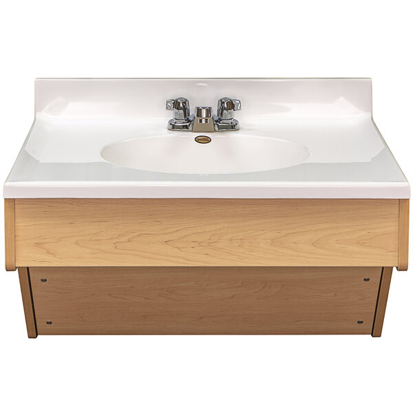 A Tot Mate maple laminate wall vanity with a white sink.