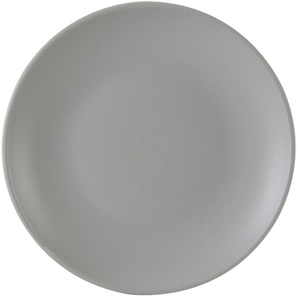 A gray Tuxton china plate with a white background.