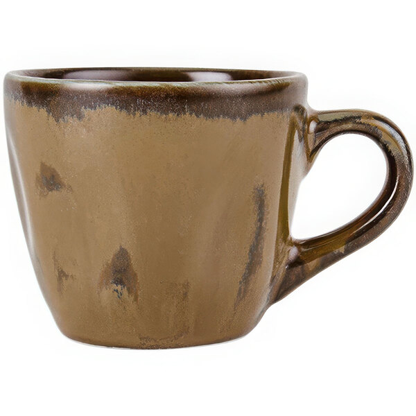 A brown Tuxton TuxTrendz Artisan espresso cup with a handle.