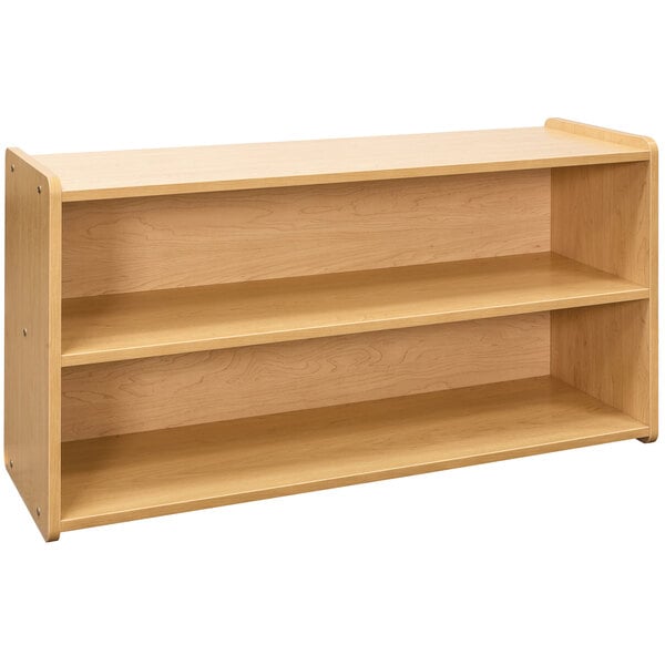 A Tot Mate maple laminate toddler storage shelf with two shelves.