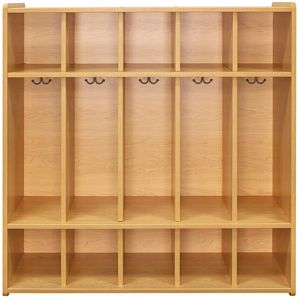 A maple laminate locker with five compartments and two hooks.